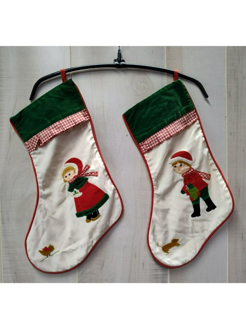 House of Hatten Christmas Stocking Set Boy Girl Applique Vintage Holiday Decor